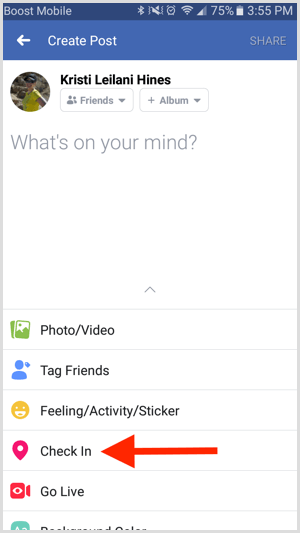 În aplicația Facebook, creați o postare nouă și atingeți Check In.