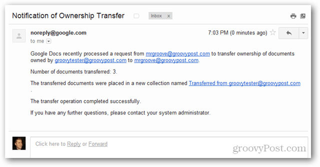 aplicații google notificare de e-mail de transfer de proprietate