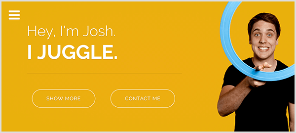 Site-ul lui Josh Horton pentru jonglerie are un fundal galben, o fotografie a lui Josh zâmbind și răsucind un inel de jonglerie albastru deschis în jurul degetului arătător și un text alb care spune Hey I'm Josh. Jonglez.