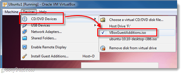Dispozitivul dvd ubuntu selectează vboxguestadditions.iso