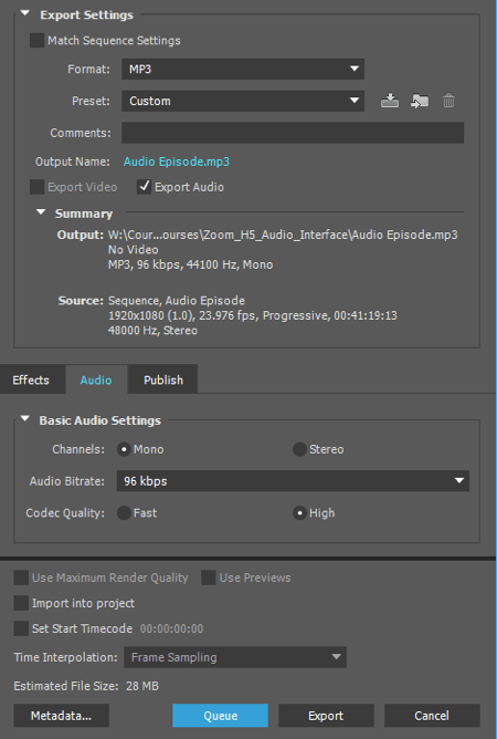 Exportați sunetul ca fișier MP3 în Adobe Premiere.