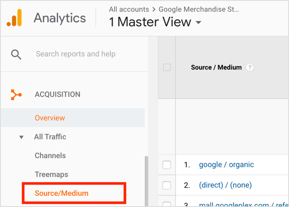 Deschideți Google Analytics și accesați Achiziție> Tot trafic> Sursă / mediu.