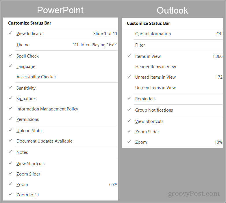 Opțiuni pentru bara de stare PowerPoint și Outlook