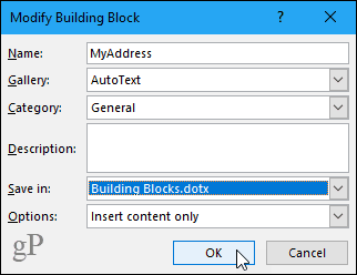 Modificați caseta de dialog Block Block