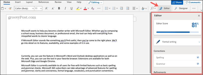 Editor Microsoft în Word pe web