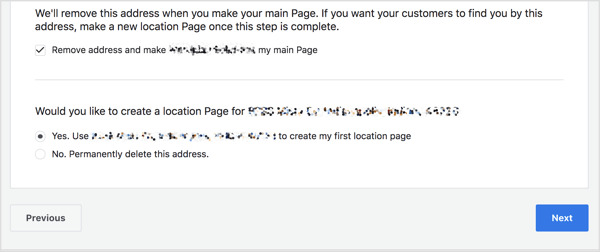 Dacă pagina dvs. principală are o adresă, puteți adăuga această adresă pentru a crea o pagină de locație pe Facebook.