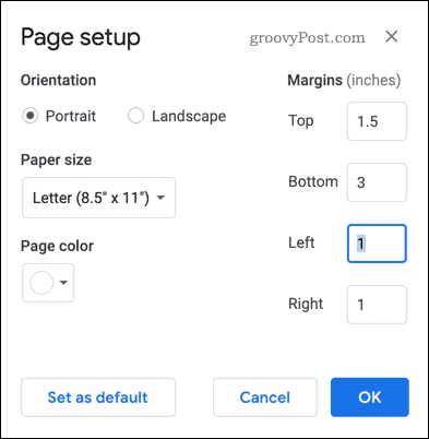 Configurarea paginii în Google Docs
