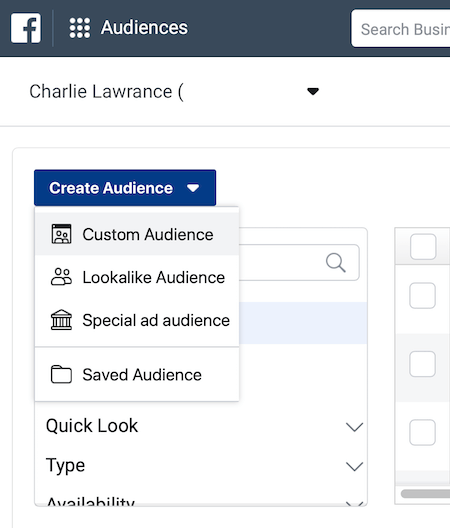 Creați meniul drop-down Public în secțiunea Public din Facebook Ads Manager