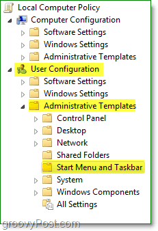în fereastra de politici locale a grupului Windows 7, parcurgeți configurația utilizatorului, șabloanele administrative și apoi începeți meniul și bara de activități