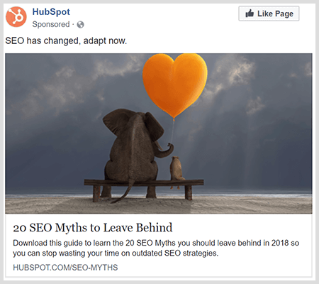 Anunțurile de marcă împărtășesc conținut util precum acest anunț HubSpot despre 20 de mituri SEO de lăsat în urmă.