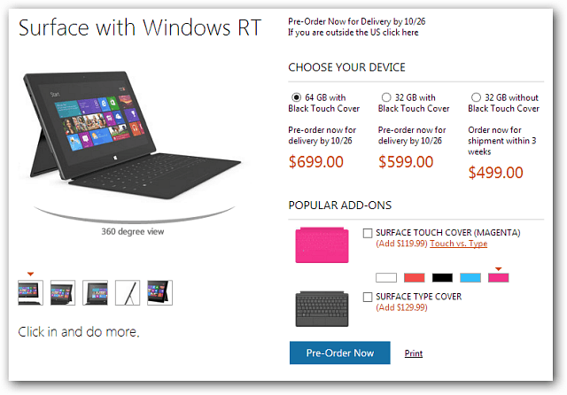 Microsoft anunță prețuri pentru tableta Surface RT, disponibilă pentru precomandă