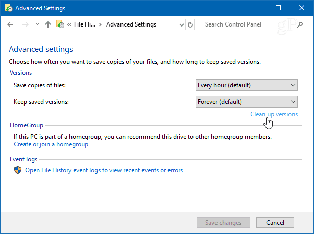 Curățați versiuni Istoricul fișierelor Windows 10