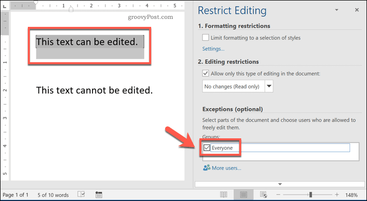 Restricționarea accesului la editare la text în Word