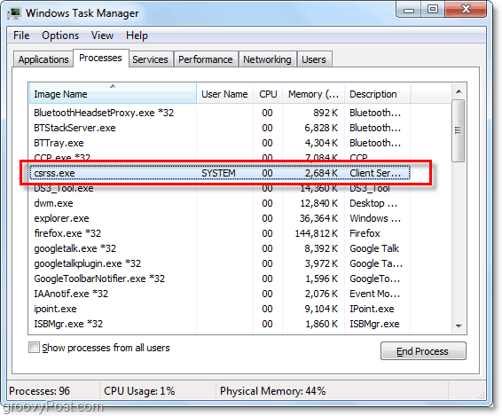 csrss.exe așa cum se vede în Windows 7 manager de sarcini