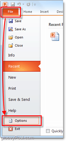 accesați meniul de opțiuni din Office 2010