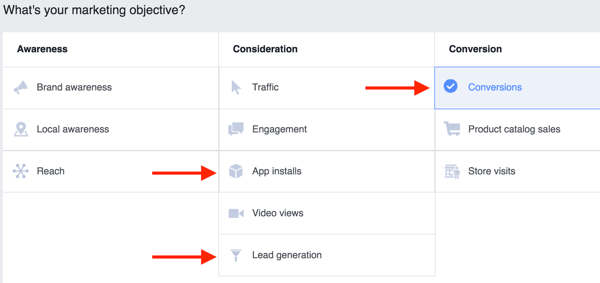 În Power Editor, selectați unul dintre obiectivele evidențiate pentru campania dvs. publicitară Facebook.
