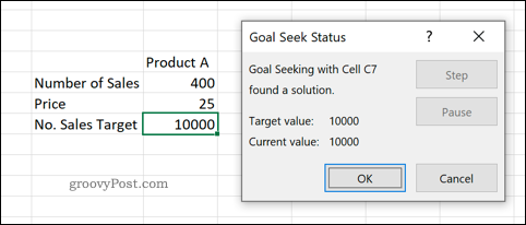 O previzualizare a instrumentului Căutarea obiectivelor în Excel