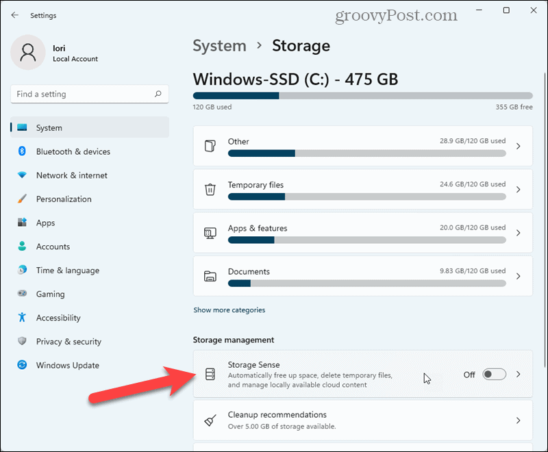 Faceți clic pe Storage Sense în Setările Windows 11