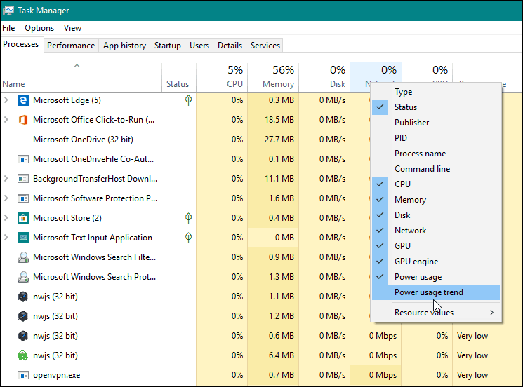 Adăugați Power Monitor Coloana Windows 10 1809