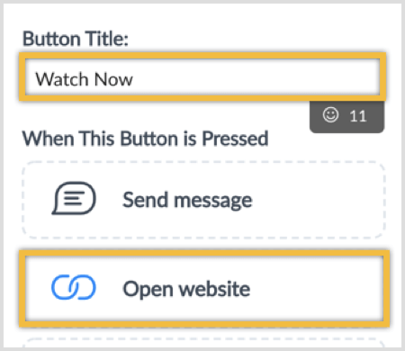 Tastați un titlu de buton și selectați opțiunea Deschidere site web.