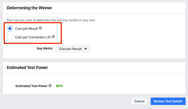 Determinarea secțiunii Winner a testului A / B pentru Experimentele Facebook