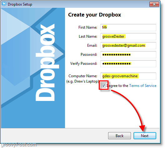 Captura de ecran Dropbox - introduceți informațiile contului