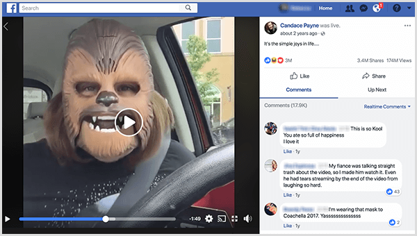 Candace Payne a intrat în direct pe Facebook într-o mască Chewbacca din parcarea Kohl's. La momentul realizării acestei capturi de ecran, videoclipul ei avea 3,4 milioane de acțiuni și 174 de milioane de vizionări.