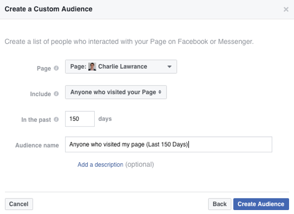 Pentru a vă crea publicul personalizat Facebook, selectați Oricine v-a vizitat pagina din lista verticală Includeți.