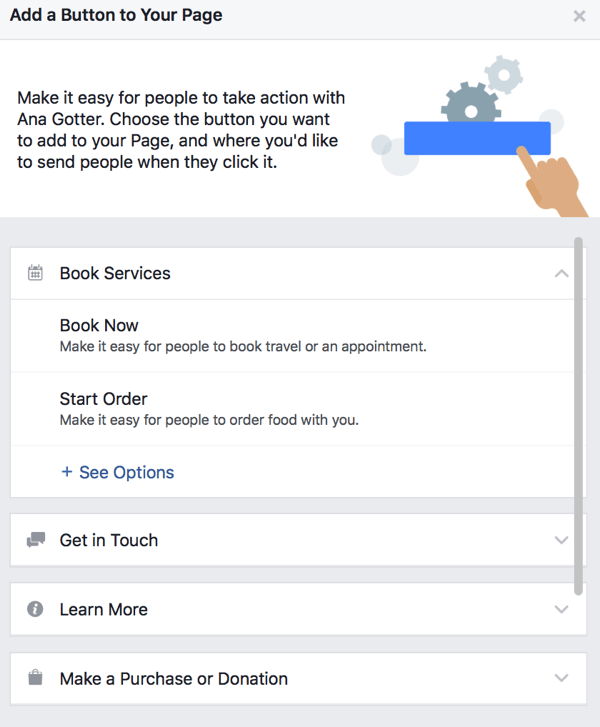 Puteți alege dintr-un număr mare de butoane CTA pentru pagina dvs. de Facebook.