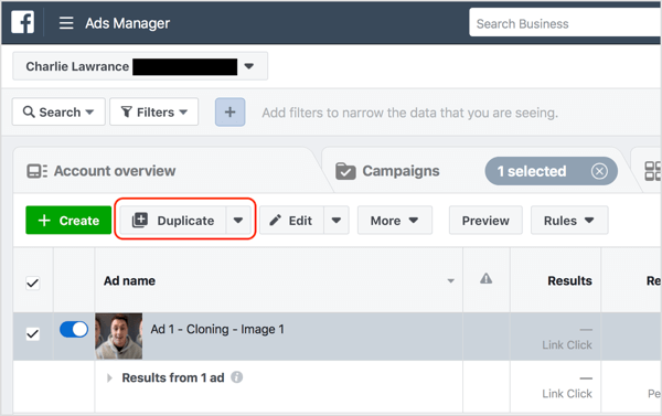 Selectați anunțul Facebook pe care doriți să îl modificați și faceți clic pe Duplicare.