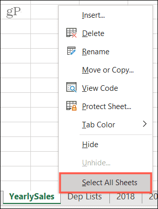 Selectați Toate foile în Excel