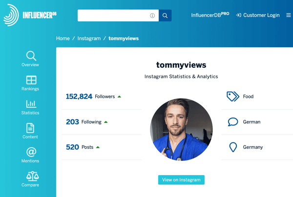 Cum să recrutezi influențatori sociali plătiți, exemplu de profil InfluencerDB pentru tommyviews