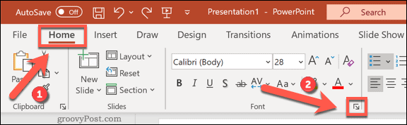 Accesarea meniului de opțiuni Fonturi din PowerPoint pe Windows