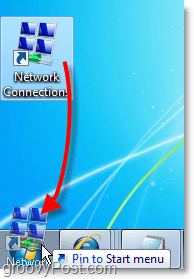 trageți comanda rapidă de pe desktop în meniul de pornire pentru conexiunile de rețea în Windows 7 cu acces facil