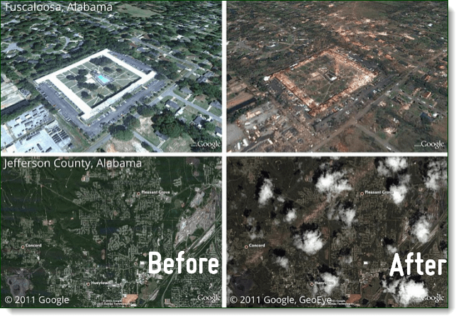 Vedeți După Afecțiunile Tornadelor recente din Alabama prin Picasa Google Earth