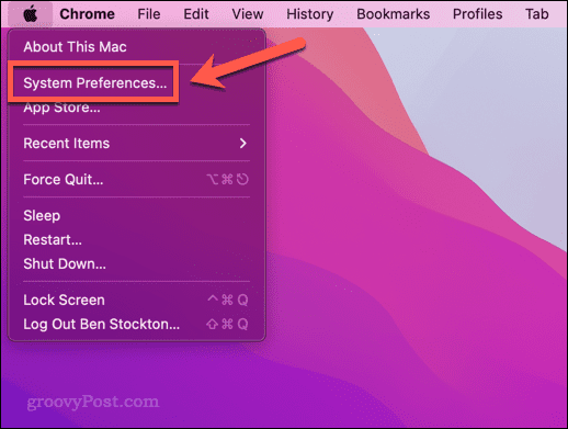 Deschideți meniul Preferințe de sistem pe Mac