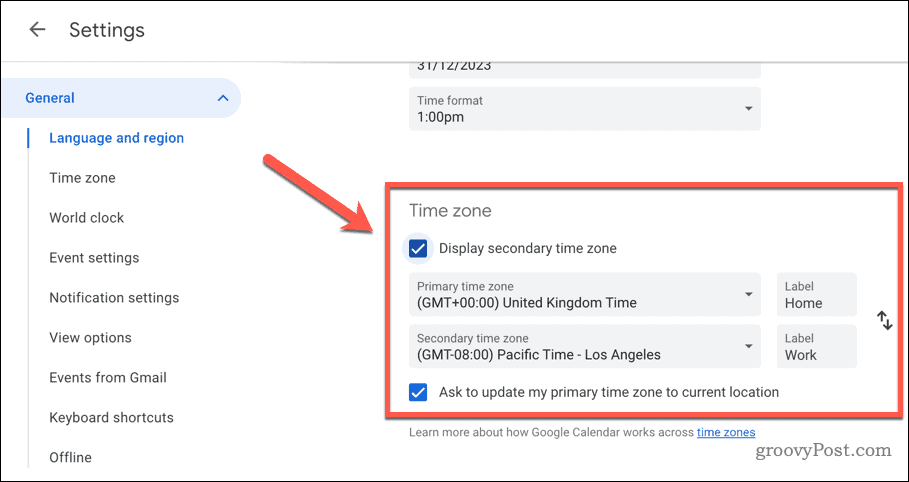 Setați setările de fus orar în Google Calendar