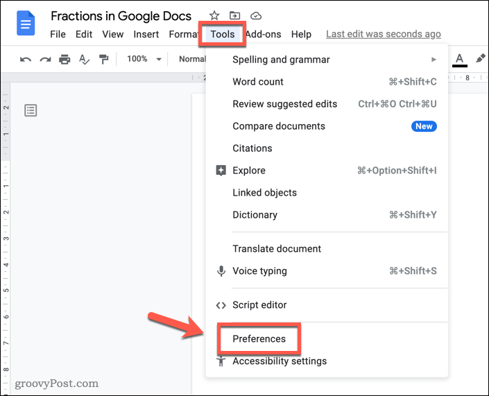 Deschiderea meniului de preferințe Google Docs