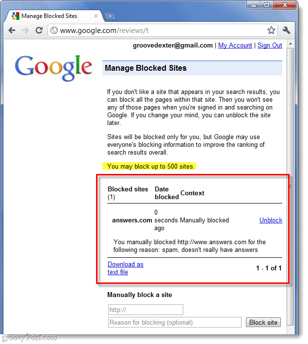 lista site-urilor dvs. blocate Google