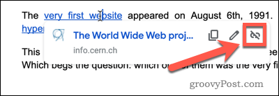 Butonul Eliminați Legăturile de legătură hiperlink din Google Docs