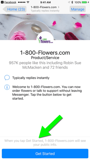 Trimiterea unui mesaj către 1-800-Flowers.com prin intermediul paginii lor de Facebook facilitează accesul utilizatorilor la clienți.