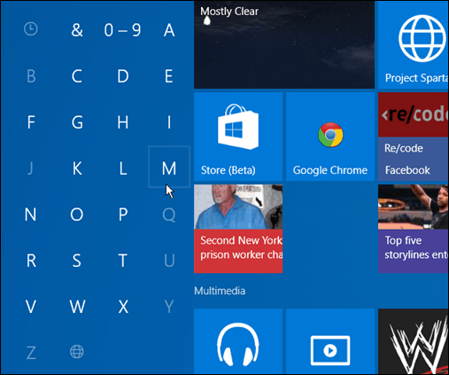 Căutați aplicații prima literă Windows 10