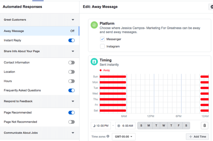 captură de ecran a setărilor de sincronizare pentru răspunsul automat al mesajului Facebook Messenger