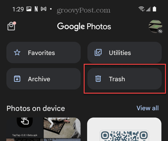 Butonul Coș de gunoi Google Foto