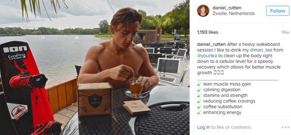 Atletul Daniel Rutten pozează cu Man Tea și subliniază beneficiile pentru adepții săi de pe Instagram.
