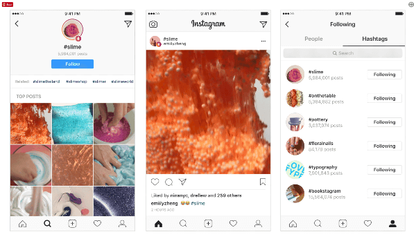 Pentru a face postările și ceilalți utilizatori și mai vizibili pe platformă, Instagram a introdus hashtag-uri pe care utilizatorii le pot urmări și descoperi postările de top și ultimele povești. 