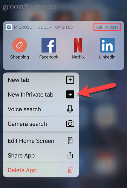 Selectați Nouă filă privată din pictograma Edge din iOS
