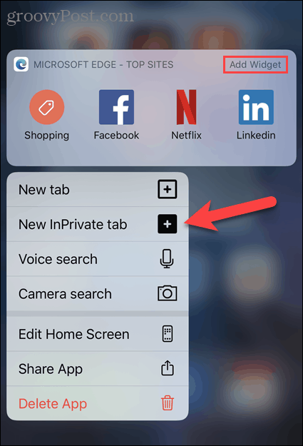 Selectați fila InPrivate nouă din pictograma Edge din iOS