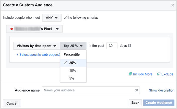 Caseta de dialog Facebook Create a Custom Audience are opțiuni pentru direcționarea anunțurilor către clienții care au petrecut cel mai mult timp pe site-ul dvs. web.