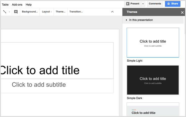 Google Slides selectează tema
